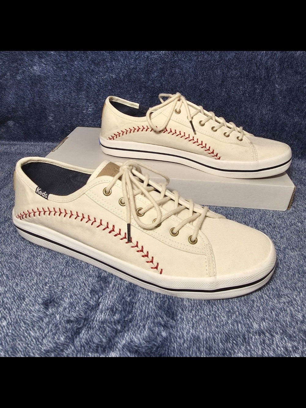 Keds Cream Canvas Sneakers with Red Baseball Stitching - Picture 2 of 7